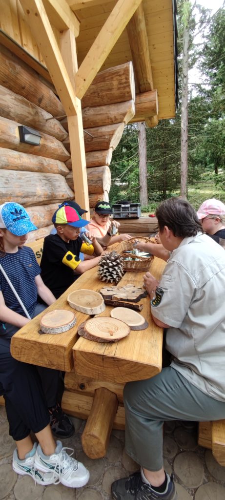 An einem massiven Holztisch sitzen Schüler mit einer Försterin. Es gibt verschiedene Naturmaterialien wie Baumscheiben oder Tannenzapfen zu entdecken. 