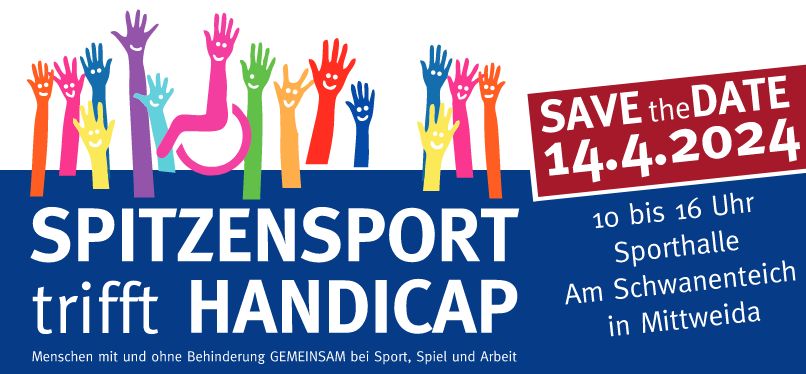 Der Flyer für die Veranstaltung "Spitzensport trifft Handicap" zeigt die Eckdaten sowie viele bunte, grafisch gestaltete Hände.