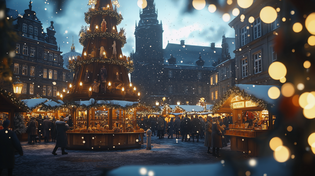 KI-generiert: viele Menschen auf einem Weihnachtsmarkt in winterlicher Stimmung, mit beleuchteten Buden, Dächer sind mit Schnee bedeckt