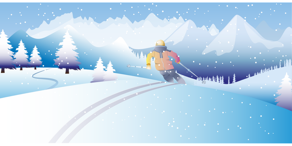 Grafik eines Skifahrers, der über einen schneebedeckten Hügel fährt