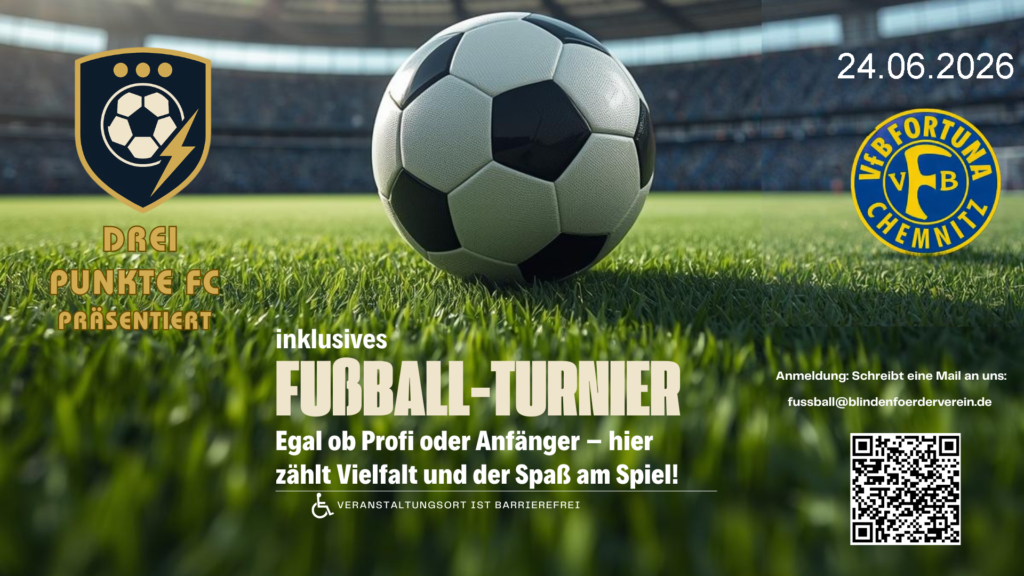 Flyer für das Fußballturnier. Es findet am 24.06.2026 auf dem Gelände des VfB Fortuna Chemnitz statt.
