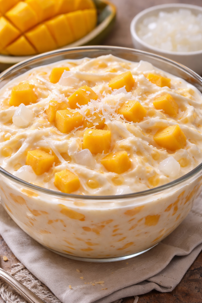 Ein philippinisches Buko-Mango-Dessert in einer Glasschüssel. (KI-generiert)