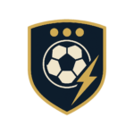 Das Vereinslogo des Drei Punkte FC. Es hat einen schwarzen Hintergrund und einen goldenen Rahmen. Im Inneren ist ein Fußball gezeichnet, rechts darunter ein goldener Blitz. Über dem Ball befinden sich drei Punkte, so ähnlich wie auf einer Blinden-Armbinde.