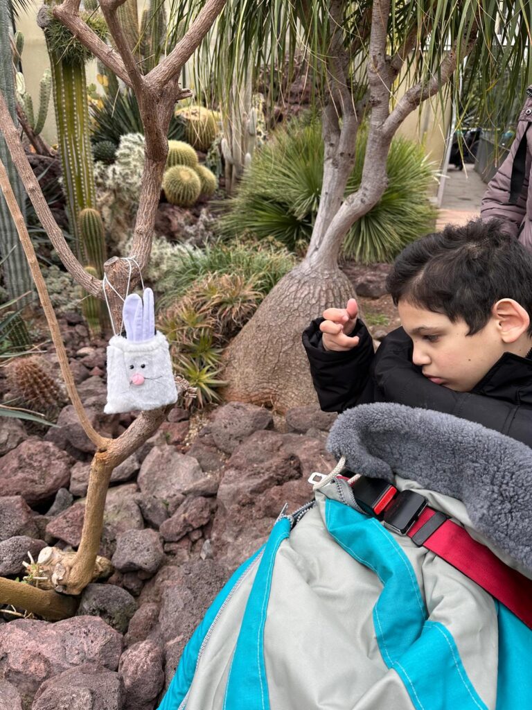 Ein Schüler im Rollstuhl steht im Innenraum des Botanischen Gartens. Links neben ihm ein kleiner Baum, an dem ein Osternest hängt.